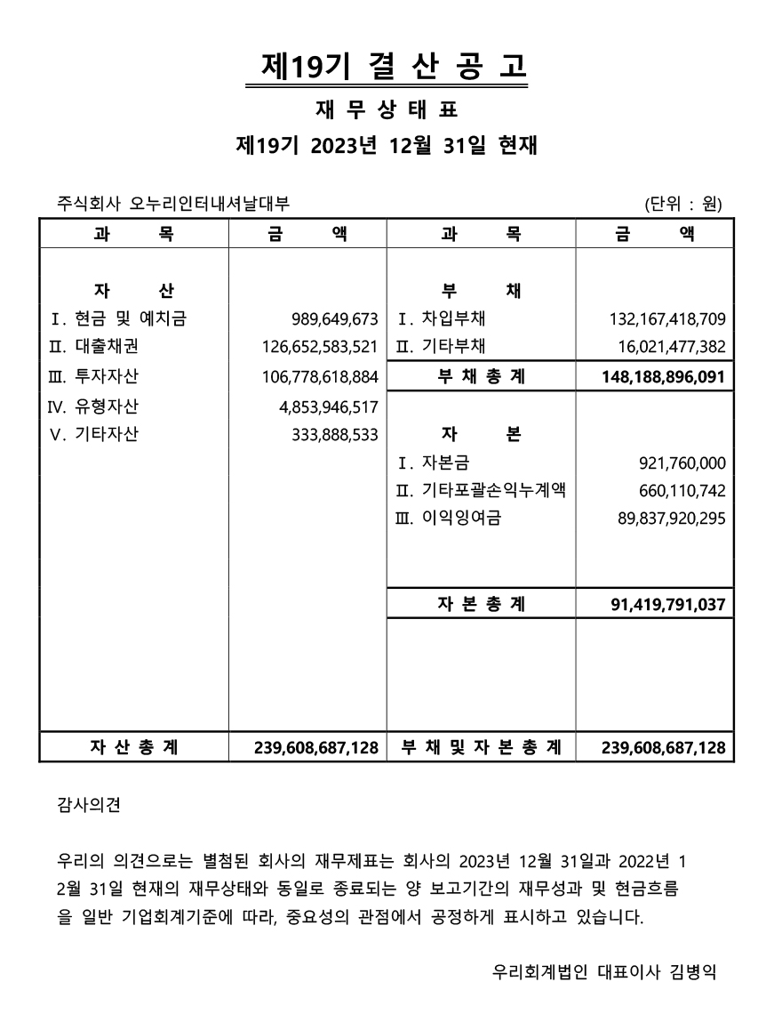 제19기 결산공고